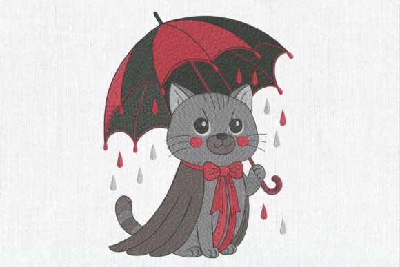 A Gray Cat Under a Red Umbrella: A Halloween Embroidery Gem